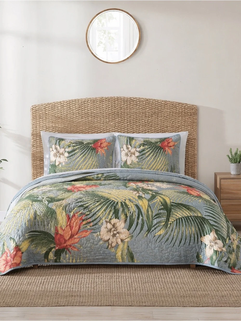 Tropical Floral King Quilt Set Botanical Palm Coastal Bedding NWT